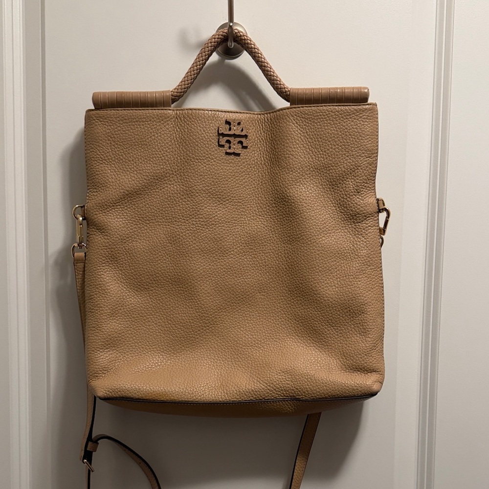 Tory Burch Beige Tan Pebbled Leather Tote/Crossbody with Braided Top Handle